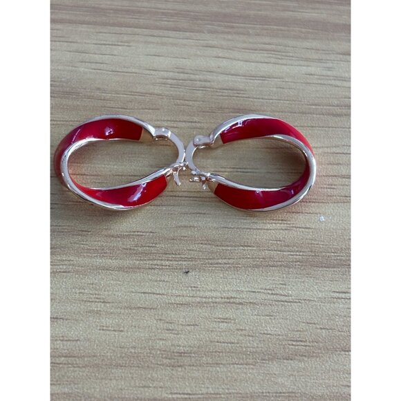 Red & Gold Tone Hoop Earrings With Twist Design - Picture 3 of 5